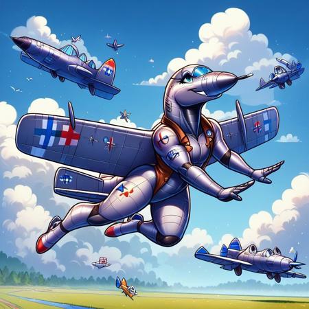 score_9, score_8_up, score_7_up, 
aeromorph, living_aircraft, jet, airliner, propeller, flying, blue sky, clouds