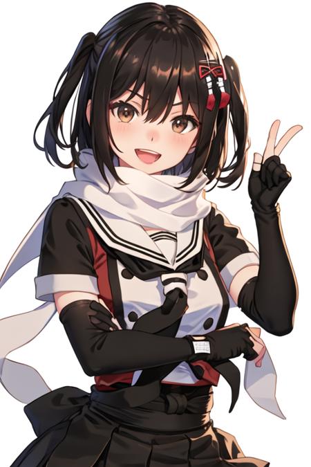 best quality, masterpiece, highres, solo, {sendai_kantaicollection:1.15}, two_side_up, brown_eyes, short_hair, brown_hair, hair_ornament, bangs, smile, serafuku, blush, black_hair, hair_between_eyes, 1girl, black_gloves, black_neckerchief, buttons, elbow_gloves, fingerless_gloves, gloves, looking_at_viewer, neckerchief, open_mouth, scarf, school_uniform, simple_background, white_scarf, double-breasted, skirt, upper_body, :d, black_skirt, white_background