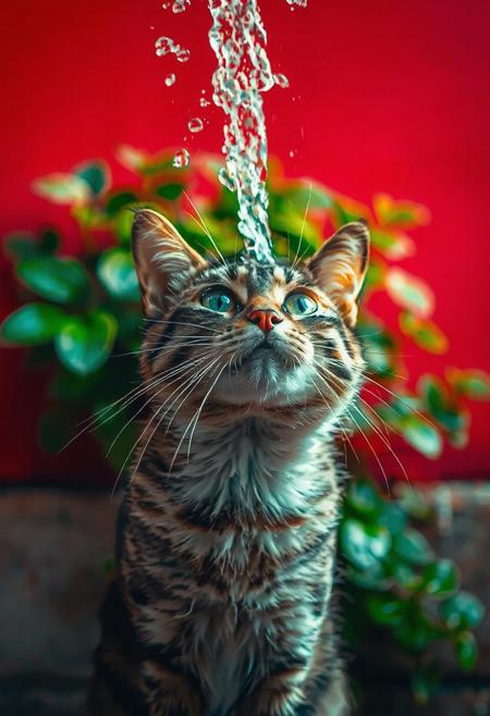 (Soft Lighting Photography by Mimoza Veliu and Mario Giacomelli:1.2), NSFW, Closeup portrait capturing a spontaneous and energetic moment of a cat that stands against a bright red painted wall with lush green foliage peeking through in the background as a sudden large vertical jet of water hits her head, cascading down dramatically.
The vibrant colors, combined with the action and her startled yet graceful posture, create a lively and engaging scene. the water's motion enhances the energy and spontaneity of the composition.