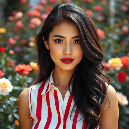 A portrait of a beautiful lady with fair beige skin, long, wavy black hair, dark brown eyes, and soft red lipstick, wearing a white sleeveless button-down shirt with large red vertical stripes, the light shining from above her head at a 45-degree angle, against a colorful rose garden.