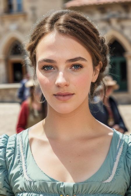 a naturally beautiful woman, in peasants dress, messy hair, in a medieval town square, ((close up)), [candid:0.5, amateur:0.5], 8K, RAW, UHD, perfect face, stunning clear eyes, <lora:jessicaBrownFindlay:1>, cinematic lighting