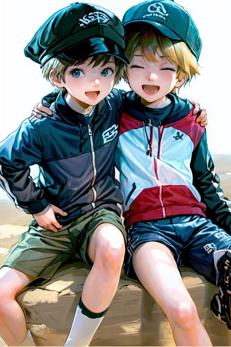 looking at viewer, smile, short hair, open mouth, blonde hair, shirt, black hair, hat, white background, sitting, jacket, closed eyes, male focus, multiple boys, shorts, socks, 2boys, grin, child, baseball cap, male child, arm around shoulder,
 <lora:cocolo:1>