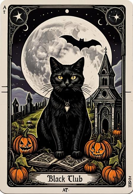tarot_card Tarot card with the text:"Black Cat Club" at the top. text:"Halloween" at the bottom. a stern-looking Halloween cat with pumpkins and a spell book. gothic graveyard and spooky building in the background. Black sky with a bright moon. bat in front of the moon. . tarot_card, front perspective, flat, frame, white border
