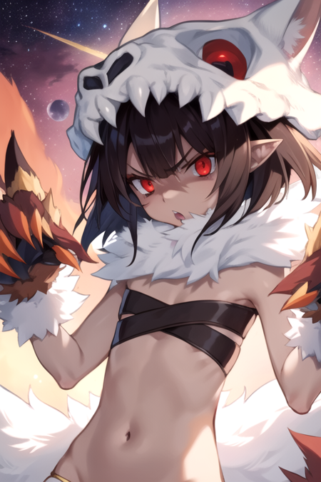 Shaman, red eyes, short black hair, flat chest, angry,  upper body, 
Sattire, thighhighs, midriff, bandeau, gloves, claws, fur trim, loincloth, animal skull with red eyes, chest straps, outer space, stars, 
(insanely detailed, beautiful detailed face, masterpiece, best quality)
<lora:shaman-10v2:0.7>