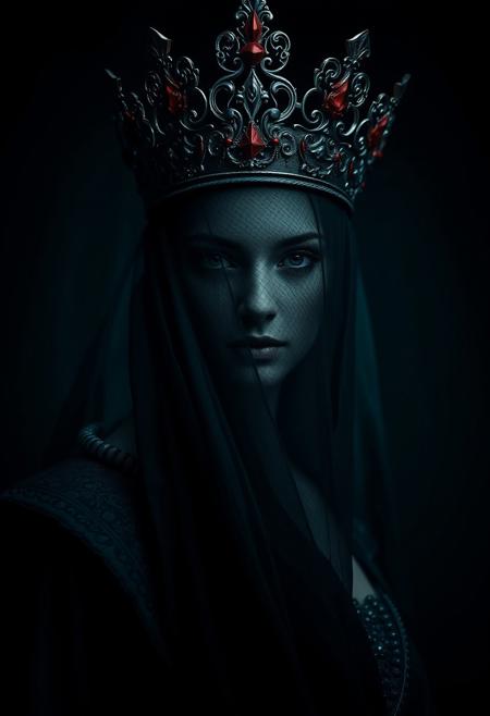 In this captivating dark fantasy portrait, a mysterious veiled queen stands proudly, exuding an aura of power and silent command. Her face, partially obscured by an enigmatic veil, is shrouded in shadow and intrigue. The queen's ornate crown, adorned with striking crimson details, contrasts against the deep teal and black color palette. The low-key lighting creates a dramatic atmosphere, with shadows adding depth to the exquisite textures of her regal attire. The background is dark and mysterious, heightening the sense of secrecy and allure. The cinematic style, achieved through a shallow depth of field and high ISO for grain, combined with a 85mm lens, captures the queen's regal presence in a realistic yet dreamlike manner., dark fantasy, anime