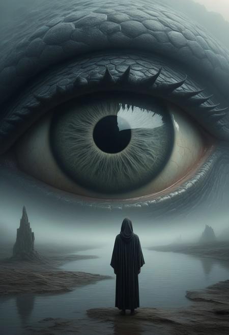 a striking and surreal scene that combines elements of both the natural world and fantasy. Dominating the composition is a massive, reptilian eye, filling almost the entire frame. The eye is highly detailed, with a slit-like pupil that suggests it belongs to a large, powerful creature, perhaps a dragon or another mythical being. The texture around the eye is rugged and scaly, giving the impression of ancient, weathered skin. In the lower portion of the image, a solitary human figure stands before the eye, dressed in a flowing black robe. The figure is tiny in comparison to the colossal eye, emphasizing the vast difference in scale and power between the two. (((The girl))) stands on a surface that appears to be water or mist, which reflects the eerie, otherworldly light that surrounds the scene. The atmosphere is misty and dreamlike, adding to the sense of mystery and awe. Overall, the image is both dramatic and thought-provoking, blending cultural elements with a fantastical imagination to create a visually captivating scene.