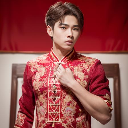 (8k, RAW photo, best quality, masterpiece:1.2), (realistic, photo-realistic:1.4), ultra-detailed, (young male internet celebrity),perfect detail ,  make up,(upper body shot:1.1),China Jiangnan water town style, a man, a dress with a red and gold pattern on it<lora:nzshs-10:0.8>