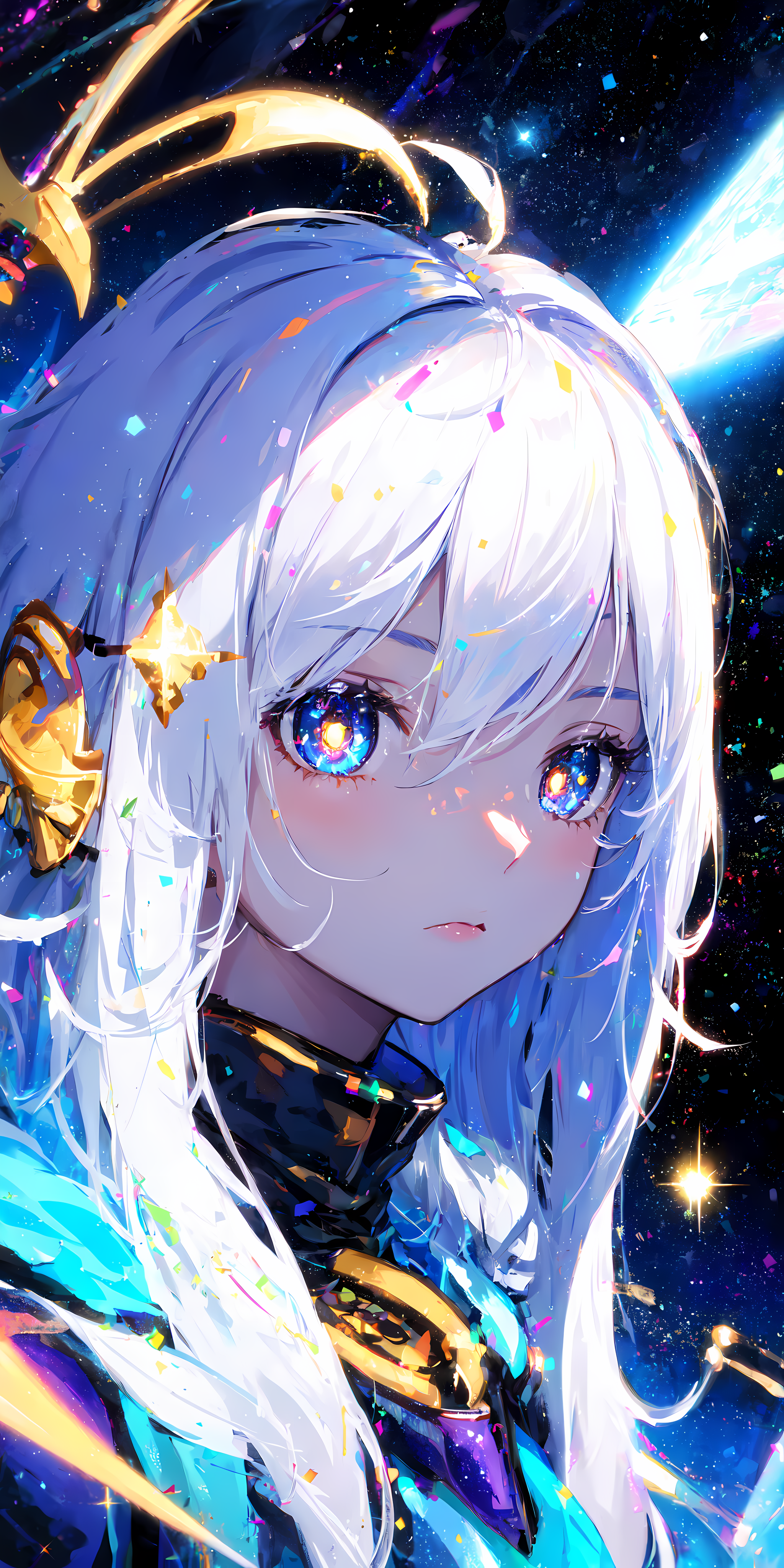 1girl, white hair, symbol-shaped pupils, space goddess, galaxy, light particles, light rays, wallpaper, high contrast, col...