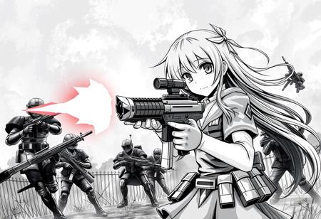 black and white painting of an anime girl holding a machine gun firing at enemy