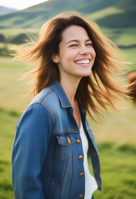 A realistic profile picture of a joyful woman standing in an open lawn with the wind playfully tousling her hair. She wears a casual denim jacket and beams with a wide, open smile, her face radiant in the natural light of a bright, sunny day. The background is blurred but reveals a scenic vista of grassy hills and grazing cows in the distance, enhancing the idyllic rural atmosphere. The mood is carefree and full of life, with her expressive demeanor capturing a moment of pure happiness and connection with the outdoors.
shelize