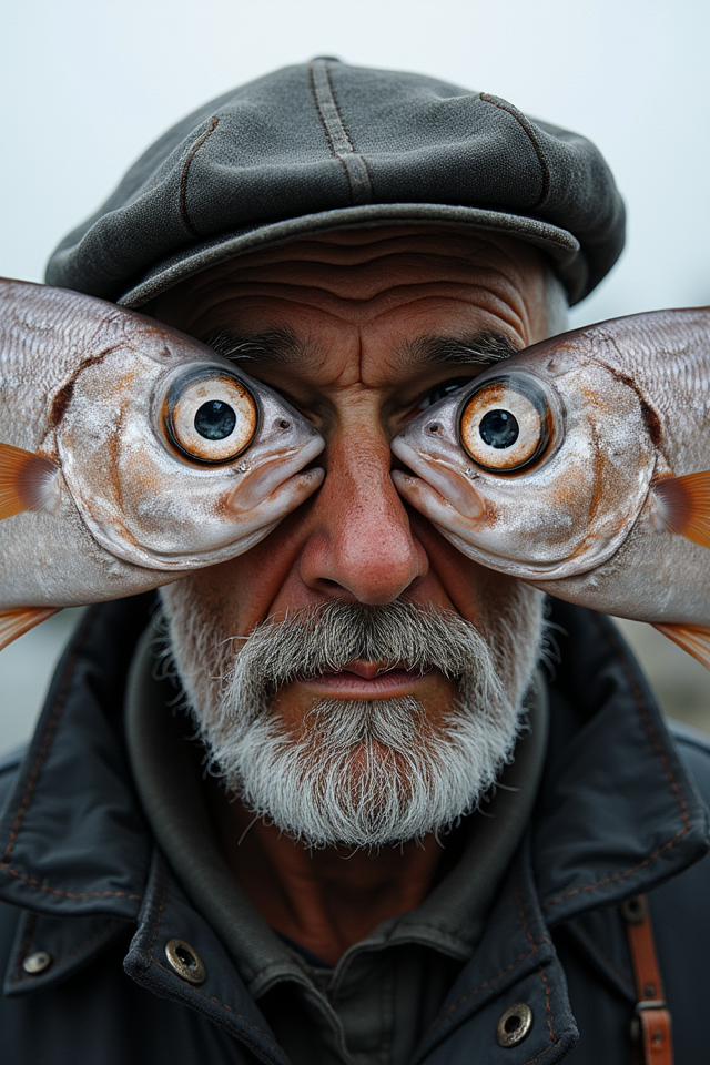 w1z_f15h3y3__professional_detailed_photograph_at_the_docks__a_weathered_fisherman_with_a_grey_beard_and_wrinkled_face__in_a_mariner_s_cap__instead_of_eyes__two_large_silver_fish_are_held_761480640.png