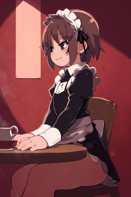 5 fingers, score_9, score_8_up, score_7_up, score_6_up, score_5_up, score_4_up, source_anime, side view, inside, chair, table, living room, female, solo, human, brown hair, short hair, smile, brown eyes, flat chested, sitting, maid uniform, maid headdress, black dress