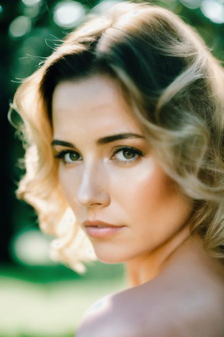 face shot of lnc, (serious look), (blonde medium length hair), (hand on chin), Photorealistic, Hyperrealistic, Hyperdetailed, analog style, hip cocked, demure, detailed skin, matte skin, soft lighting, subsurface scattering, realistic, heavy shadow, masterpiece, best quality, ultra realistic, 8k, golden ratio, Intricate, High Detail, film photography, soft focus, detailed skin texture, (blush:0.5), (goosebumps:0.5), subsurface scattering,  <lyco:LindaCardellini-RealVision-V1.0:1.0>