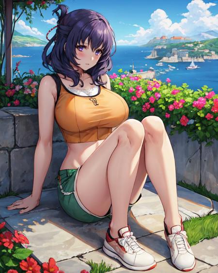 best quality, (masterpiece:1.2), illustration, absurdres,
(1girl), (solo), (beautiful detailed girl), full body,
<lora:RixiaCasual-08:1>, Rixia Mao, dark purple hair, medium hair, purple eyes, huge breasts, 
orange crop top, sleeveless shirt, green shorts, white shoes,
garden, distant sea, distant ocean, mediterranean buildings, white buildings, castle on top of hill,
 looking at viewer, shy, blush