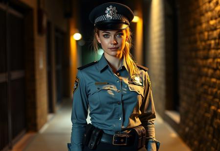 ultra high detail, 8k, Realistic full-length DLSR photograph of a policewoman: fit, tall, extremely beautiful, sexy 24 year old woman with medium-length wet dusty blonde hair in a ponytail and brilliant light blue eyes, a smile and confident look, a police officer's long sleeve shirt, police officer pants, a black leather belt with holder, a badge, and a policeman's hat looking serious,
dark alley, no lights, very dark,