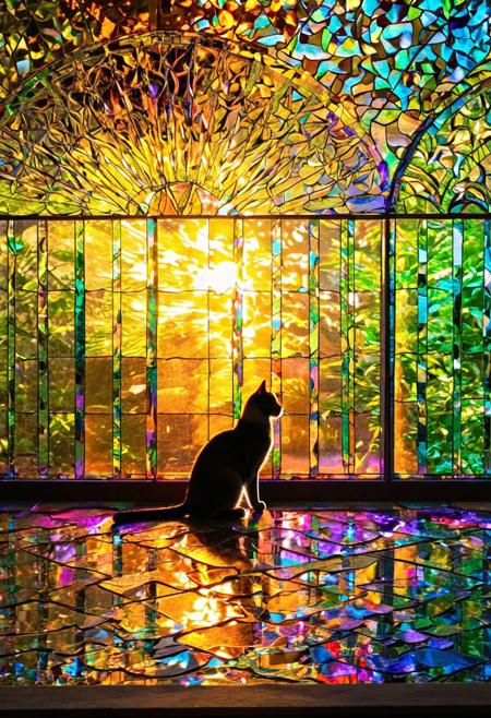 Beautiful colourful leadlight window showing images of a family of cats at play, 
sun shining through casting a shadow on thefloor, 
Broken Glass effect, 
no background, 
stunning, 
something that even doesn't exist, 
mythical being, 
energy, 
molecular, 
textures, 
iridescent and luminescent scales, 
breathtaking beauty, 
pure perfection, 
divine presence, 
unforgettable, 
impressive, 
breathtaking beauty, 
Volumetric light, 
auras, 
rays, 
vivid colors reflects