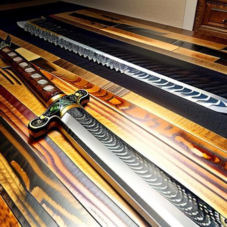 damascus steel sword collection, conducting wooden electricity, 8k extreme detail, on a carbon fiber table,  realistic, perfect, no mistakes, amazing, epic, vibrant colors,