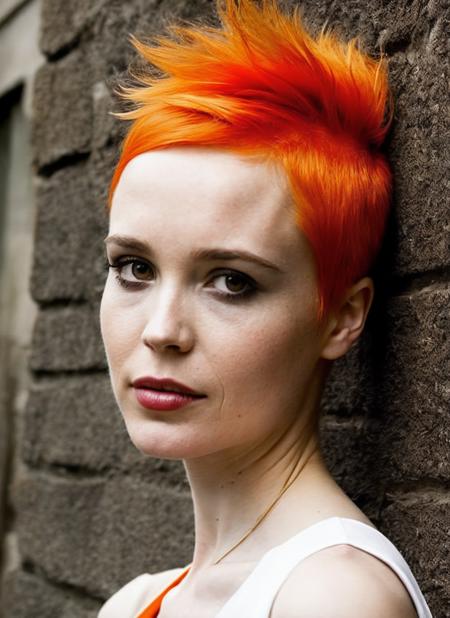 portrait of sks woman by Flora Borsi, style by Flora Borsi, bold, bright colours, orange Mohawk haircut, ((Flora Borsi)), <lora:locon_ellen_v1_from_v2_64_32:1.3>