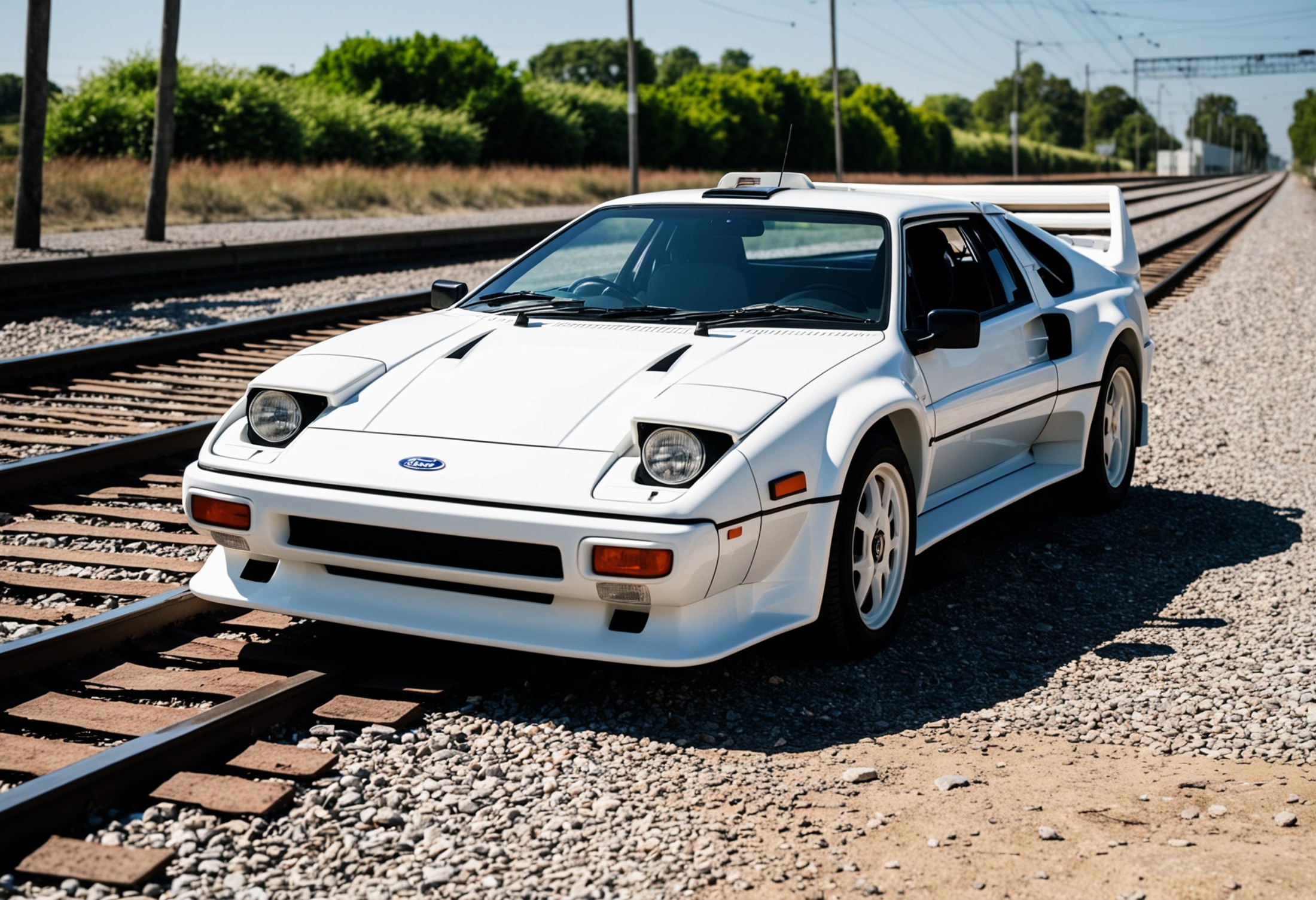 A white 1986 Ford RS200 sports car is parked on the railroad tracks, its sleek design and pop-up headlight standing out ag...
