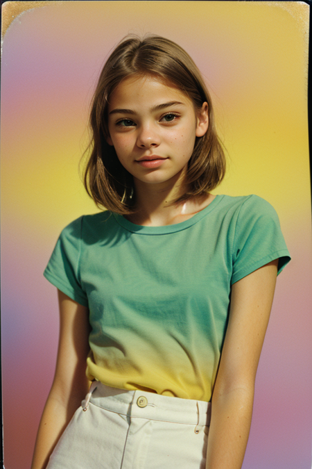 AnnaMariaPrydatko, Century Camera Co. Studio, 160mm f/8, 1/10s, ISO 25, ((tintype, portrait, full color, bold color, yellow, green, gradient)), blouse, ((geometric halftone background))