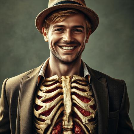 A man is smiling and looking at the camera. He is very handsome, has blond hair, and wears a hat over it. He is wearing a shirt and a blazer over it and brown pants.his half-chest is exposing his rib cage. With no flesh on it. Bones over his half-chest are fully exposed. He is trying to control his pain and smiling. A woman in front is in shock looking at him. He is trying to reach her for help. The woman is perplexed and in awe. Super realistic, high-definition picture with, realistic skin tone , super realistic human, super realistic skin definition picture , vintage picture style