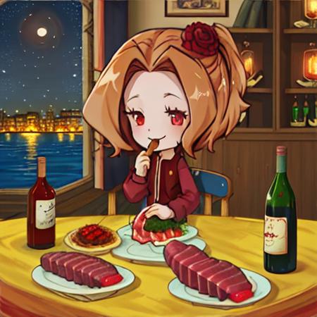 city, stone buildings, table, chair (🌑:1.3) BREAK solo, dahlia, cute, red eyes, chibi, sitting, (🥩🍷:1.4) <lora:pk_dahlia-000008:1>