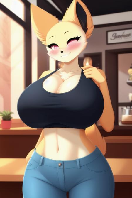 ((masterpiece,best quality)),best res,(huge breasts:1.3),good anatomy,cute,(sexy:1.3),very cute face,hot,blushing,female,smiling,very detailed,4k,, ,sexy pose,happy,blushing,female,jenny,middle of a cafe,tank top,pants,