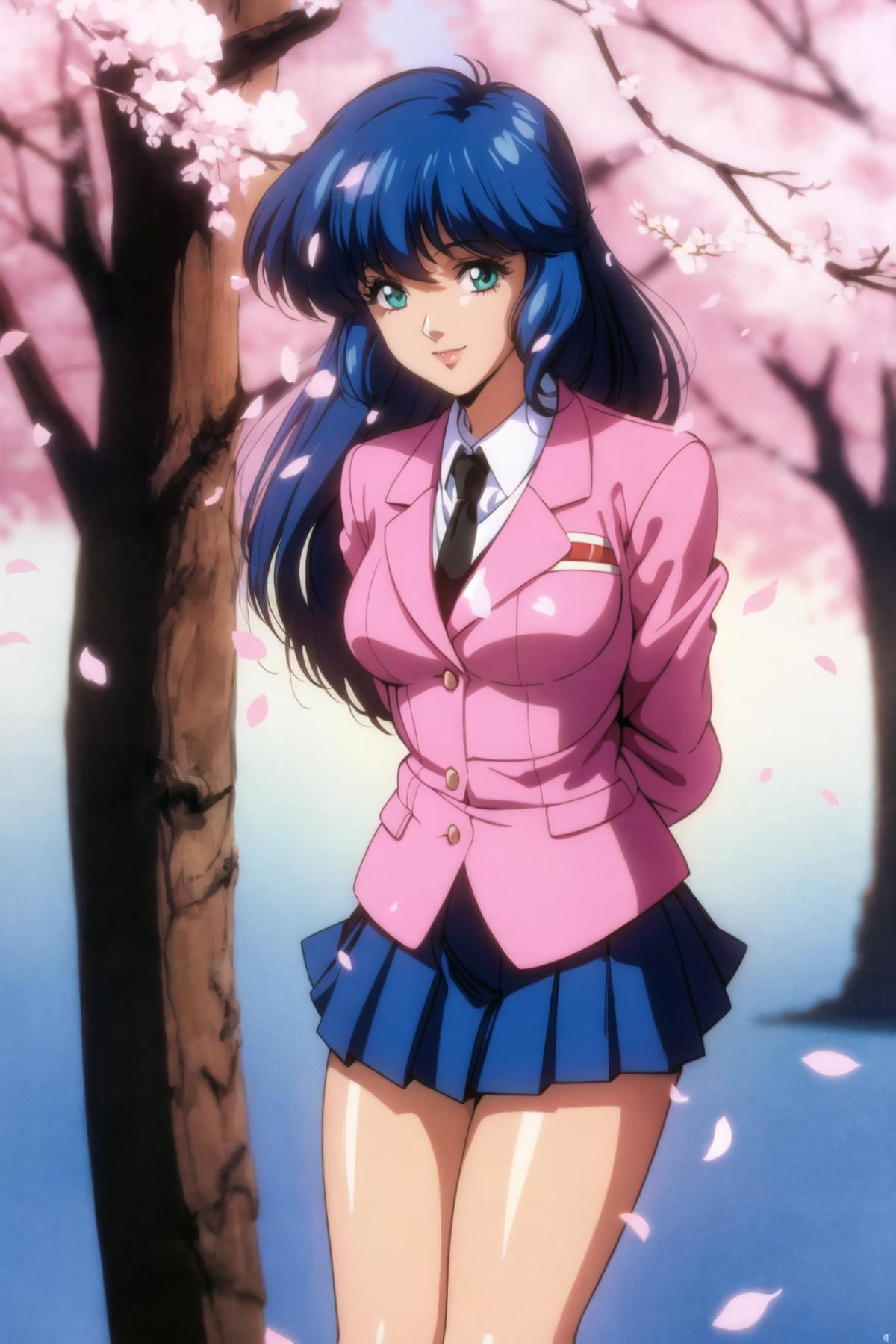 Anime girl wearing a pink jacket, tie, and blue skirt posing for a picture.