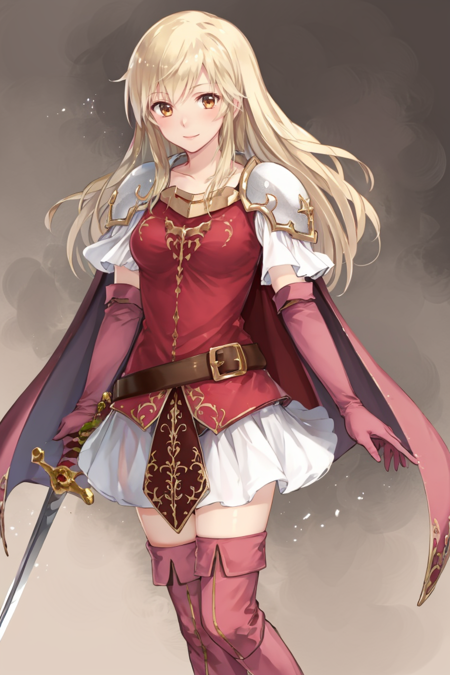 <lora:Lachesis_FE-10:1>  lachesis fe, 1girl, solo, long hair, smile, skirt, thighhighs, gloves, weapon, boots, elbow gloves, belt, sword, cape, armor, zettai ryouiki, thigh boots, shoulder armor, pauldrons