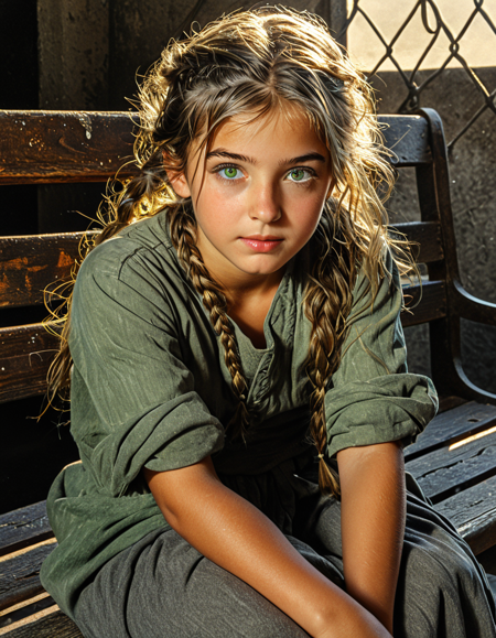 Golden light casts a warm glow on a worn wooden bench, where a small beggar girl sits, her face obscured by a
 thick layer of dust. Amidst the grime, striking grey-green eyes sparkle like precious gems, while messy plaited
 hair falls in tangled locks down her back. A running nose and smudged features add to the air of vulnerability, 
yet the beauty beneath the surface is unmistakable,Smooth Quality, ArsMJStyle, Colored pencil hyperdetailed realism, <lora:clear:1>, <lora:FF.101.juggernautXL_version6Rundiffusion.LORA:0.6>, <lora:Hyperdetailed_Colored_Pencil:0.7>, <lora:greg_rutkowski_xl_2:1>