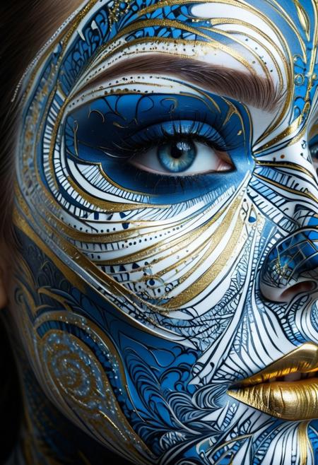 Woman, full face portrait, body art, hyper realistic eye, black, blue, white, gold, abstraction, sculpted, shading, porcelain skin, bold, 3D, UHD, multidimensional, deep fractal, rocco etched shapes, skin, dark, silver, close-up, intensity