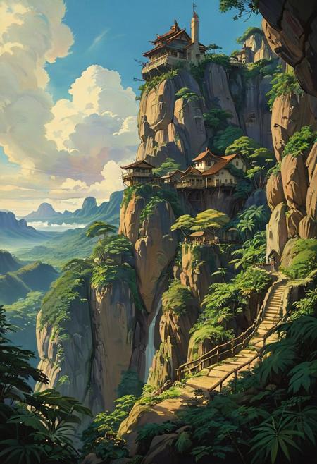 (studio ghibli drawing), (studio ghibli painting),best quality, masterpiece, extremely detailed,  professional  art,  professional painting, an extremely delicate and beautiful, dynamic,  great lighting, perfect shading, professional shading, depth of field,   side soft light, elegant, gorgeous, highly detailed,   full shot, uncropped,   pure genious, absolutely perfect,  highly detailed, breathtaking,  a gigantic and sheer cliff is towering over an dense and vibrant jungle, there is a base build into the cliff