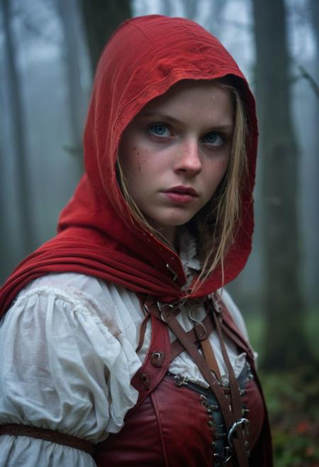 Close Up shot of  the Red Riding Good as a little warrior, she IS a very young girl, blond braids hairstyle, beautiful, red hood cape, dirt white dress, leather armour, wind, at night, fog, mist, forest at the background, National Geographic photography awarded masterpiece