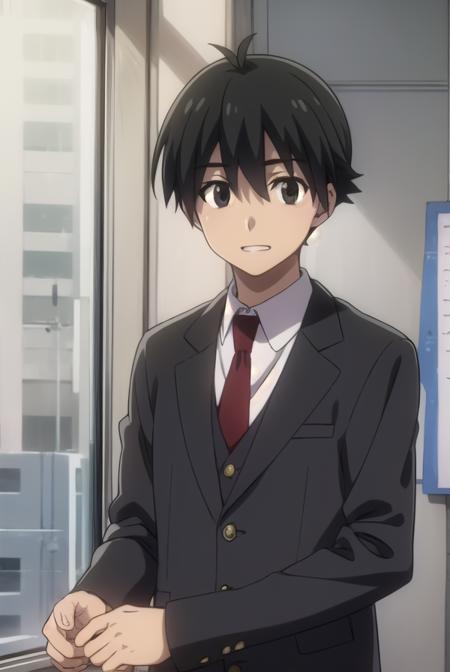 makotoitou, <lora:makoto itou s1-lora-nochekaiser:1>,
makoto itou, black hair, (black eyes:1.5), short hair, smile, smirk, grin, teeth,
BREAK school uniform, necktie, formal, suit,
BREAK indoors, classroom,
BREAK looking at viewer, (cowboy shot:1.5),
BREAK <lyco:GoodHands-beta2:1>, (masterpiece:1.2), best quality, high resolution, unity 8k wallpaper, (illustration:0.8), (beautiful detailed eyes:1.6), extremely detailed face, perfect lighting, extremely detailed CG, (perfect hands, perfect anatomy),