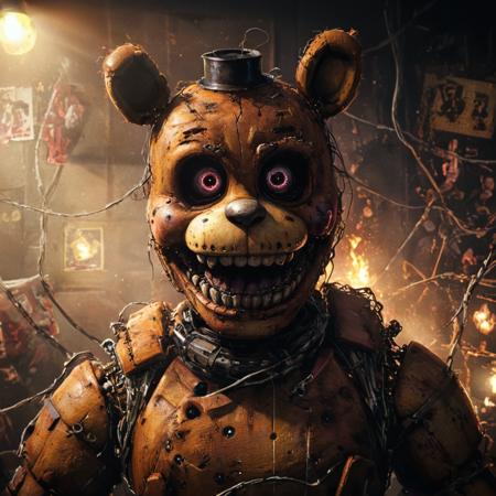(masterpiece:1.4),Mid Shot Photo, five nights at freddy's, animatronic, exposed wiring, broken, horror:1.2, digital painting, smooth lines, detailed background,Cinematic Lighting,cg trending art, <lora:xl_more_art-full_v1:1.2> <lora:more_details:0.89>