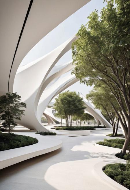Transform the minimalistic architectural scene, previously inspired by Santiago Calatrava, by incorporating features and elements characteristic of Zaha Hadid's design philosophy. Emphasize fluid forms, dynamic curves, and futuristic aesthetics within this open-air, smaller-scale setting. From a low angle, infuse the scene with Hadid's signature style of sweeping lines and organic shapes, blending the structures with the slightly enhanced natural vegetation. The notable tree and additional greenery should seamlessly integrate into this reimagined environment, where architecture and nature coalesce in a harmonious and innovative manner. The visualization should capture the essence of merging Calatrava's minimalism with Hadid's expressive, cutting-edge approach to create a unique, contemporary architectural landscape.
