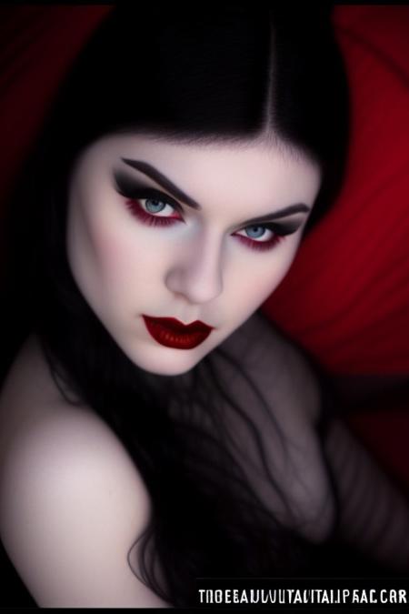 Photo of vampire girl, 25 years old, (beautiful:1.75), (very pale skin:1.35), (gothic makeup:0.95), (Red Lipstick:1), (black hair), (anime style:0.35), night, 10 minutes before the world will end, hyper-realistic, ultra-detailed, insanely detailed, 4k, realistic 8k, shot on portra 400