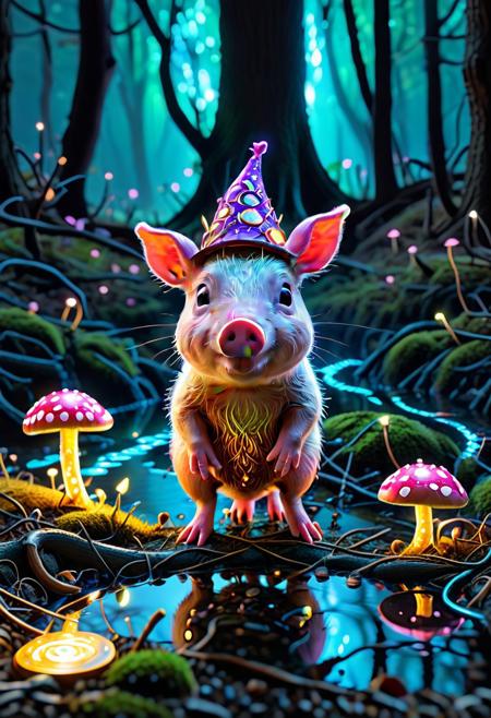 A curious piglet with a pink snout and floppy ears wanders into an enchanted forest, where glowing mushrooms light up the ground, and a shimmering stream hums a melody. The piglet stumbles upon a golden acorn guarded by a talking squirrel in a tiny wizard hat, who says, “Answer my riddle, and the acorn’s magic will be yours.”