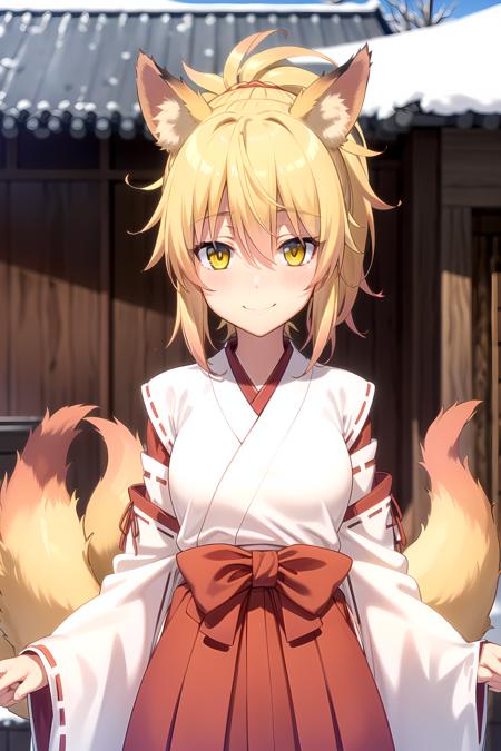 Kunou blonde hair, ponytail, yellow eyes, fox ears blonde hair, ponytail, yellow eyes, fox ears, fox tail, multiple tails miko, kimono, (red hakama:1.2)