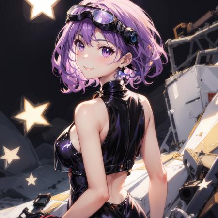 masterpiece, best quality,1girl,looking back,plain,shooting star, back-to-back, light smile,goggles, purple hair,