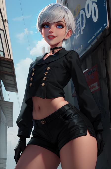 Yorha white hair,short hair,black choker, lips, mole under mouth, blue eyes, arms, up, 
y, smile, midriff peek,  hips,   pose, 
black gloves,long sleeves, black short  shorts, black jacket,buttons,
deserted school yard, fog,  (insanely detailed, beautiful detailed face, masterpiece, best quality)
<lora:Yorha9s-10v7:0.8>