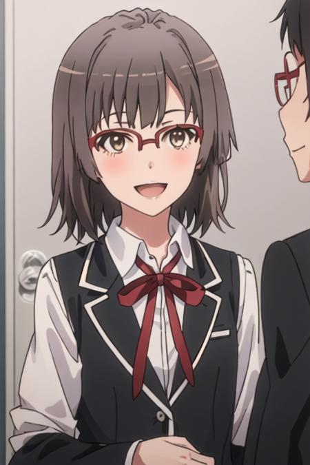 best quality, masterpiece, highres, solo, {ebina_hina_yahariorenoseishunlovecomewamachigatteiru:1.15}, short_hair, brown_hair, glasses, smile, red-framed_eyewear, black_hair, brown_eyes, 1girl, opaque_glasses, school_uniform, shirt, sweater_vest, parody, long_sleeves, ribbon, semi-rimless_eyewear, crossed_arms, open_mouth, upper_body, white_shirt, indoors, neck_ribbon, red_ribbon