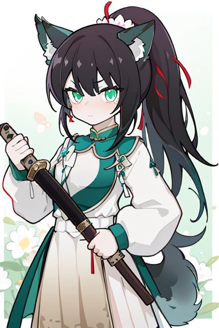 xialuling, 1girl, animal ears, tail, solo, long hair, green eyes, ponytail, own hands together, looking at viewer, long sleeves, simple background, black background, puffy long sleeves, hair flower, hair ornament, flower, animal ear fluff, fox ears, open mouth, black hair, dress, very long hair, fox tail, bangs, skirt, blush, puffy sleeves, wolf ears, wolf tail, fox girl, shirt, white flower,