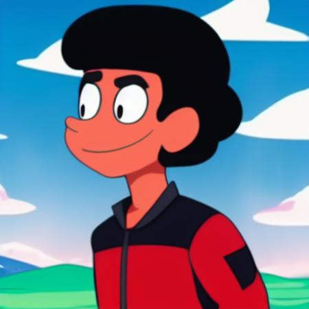 young man, black hair,  smiling, red clothes, blue sky and clouds, steven universe style <lora:Steven Universe Style:0.68>