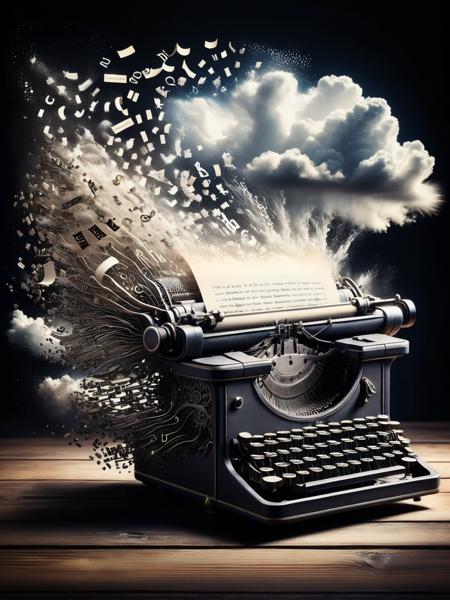 A vintage typewriter with its letters dissolving into a cloud of words and phrases, forming a story in the air above <lora:ral-dissolve-sdxl:1>, <lora:EnvyBetterHiresFixXL01:0:hr=1>