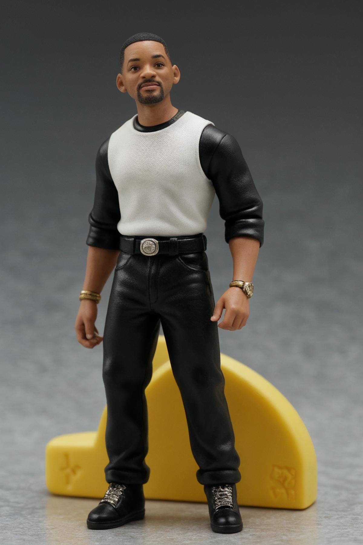 A black and white action figure with a gold watch.