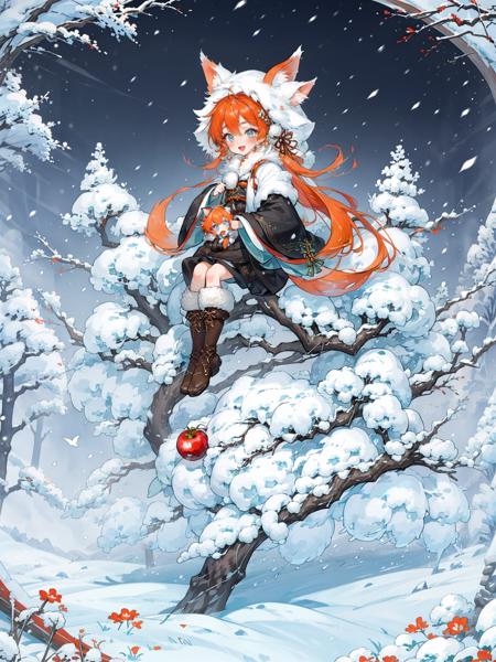 colorful,HEZI,Onmyoji,Japanese style of play,game drawing,1girl,snow,sitting,fur trim,red hair,open mouth,tail,solo,outdoors,bird,tree,snowing,animal ears,boots,hood,wide sleeves,hair rings,fang,flower,fur-trimmed boots,bangs,bell,long sleeves,blue eyes,fox tail,hair between eyes,winter,looking at viewer,teeth,brown footwear,smile,food,grey eyes,long hair,upper teeth only,branch,fur-trimmed footwear,multicolored hair,white hair,fox ears,fur-trimmed hood,mountain,apple,full body,hood up,jingle bell,fox girl,fur-trimmed sleeves,sky,animal,animal ear fluff,dress,thick eyebrows,night,fruit,orange hair,holding,ribbon,:d,rope,blush,braid,fur-trimmed dress,hair ornament,pine tree,skin fang,short eyebrows,aqua eyes,:3,<lora:é´é³å¸ç«ç»-000009:0.6>,