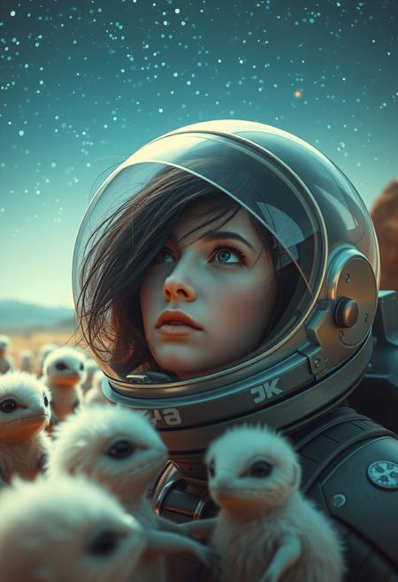Amidst an alien landscape, a young woman in a transparent-visored space helmet gazes at the horizon, her dark hair tousled. Soft, fluffy alien creatures surround her, their innocence contrasting with the hard lines of her futuristic gear, under a celestial sky teeming with stars.