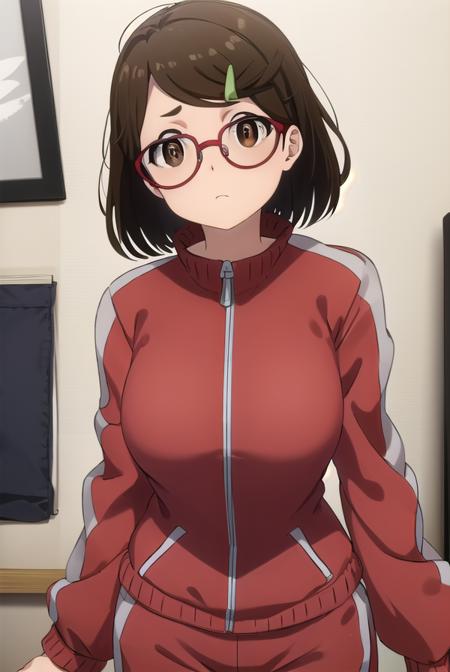 risaaoi, <lora:risa aoi s1-lora-nochekaiser:1>,
risa aoi, short hair, brown hair, hair ornament, (brown eyes:1.5), glasses, hairclip, red-framed eyewear,
BREAK jacket, pants, track jacket, track suit, haori,
BREAK indoors,
BREAK looking at viewer, (cowboy shot:1.5),
BREAK <lyco:GoodHands-beta2:1>, (masterpiece:1.2), best quality, high resolution, unity 8k wallpaper, (illustration:0.8), (beautiful detailed eyes:1.6), extremely detailed face, perfect lighting, extremely detailed CG, (perfect hands, perfect anatomy),