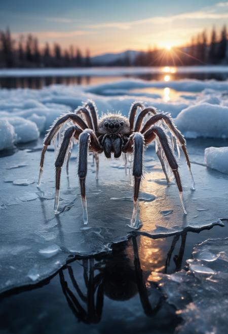 beautiful aesthetic, intricate, a tarantula made of ice, covered in icicles, walking on water, its steps freezes the water, magical aura, fantasy art, peaceful, high fantasy style, mysterious, celestial light, ethereal, painterly, epic, majestic, magical, fantasy art, cover art, sparkling ice, dramatic lighting